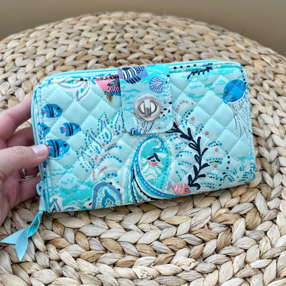 Vera Bradley blue aquatic underwater sea jellyfish canvas RFDI wallet